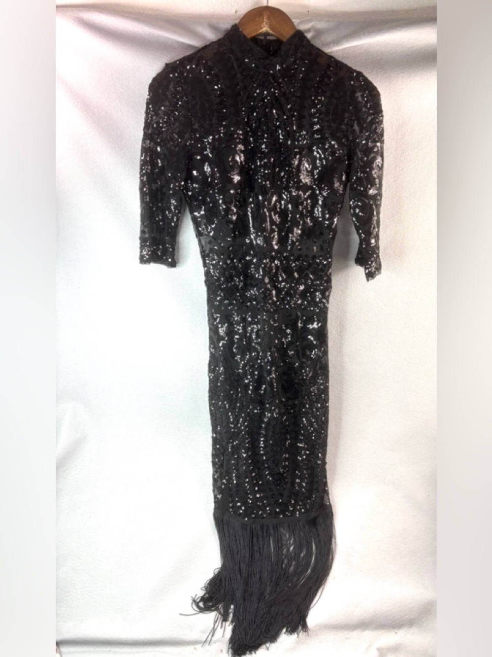 Beautiful Bewitching Black Sequin Lace Fringe Evening Dress